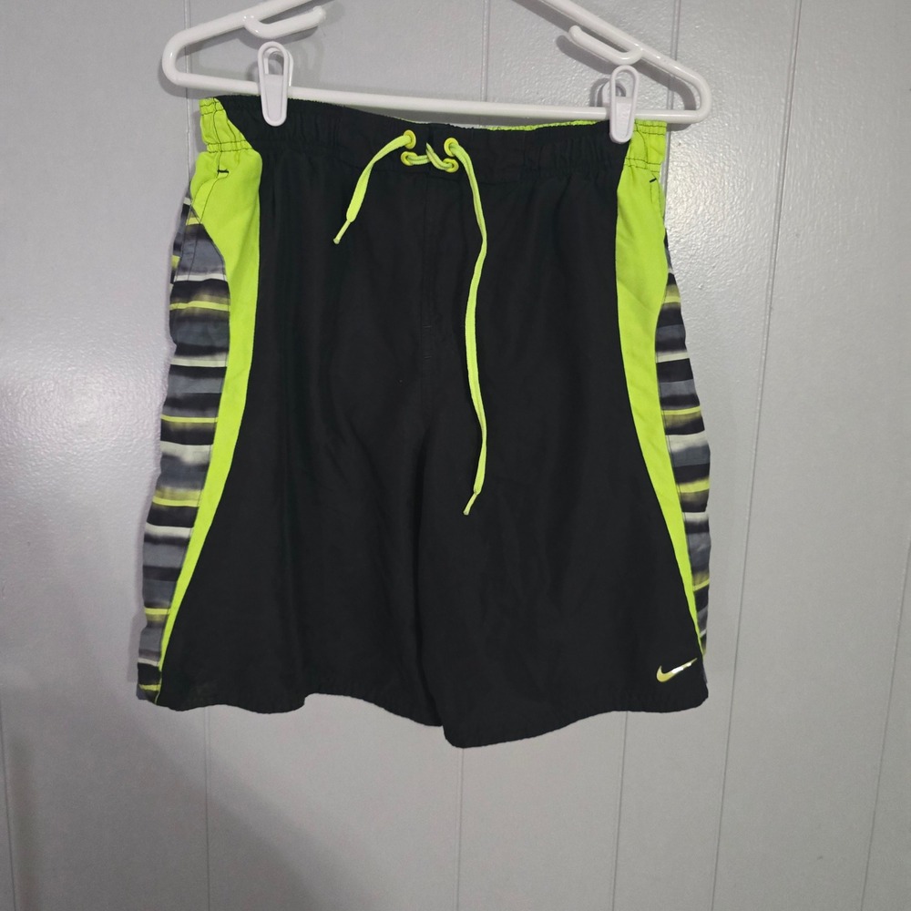Nike Swim Trunks Mens Medium Black‎ Neon Yellow Striped Board Shorts Athletic